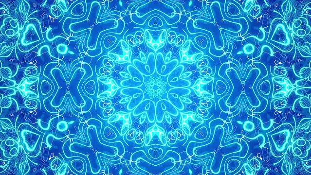 abstract kaleido animation, symmetrical neon blue pattern on a dark background, seamless loop, 4k