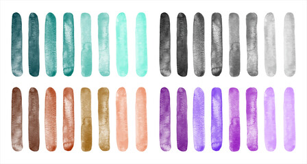 Watercolor brush strokes, colorful vector stripes set, smears collection. Textured rectangle backgrounds. Hand drawn watercolour rounded shape uneven streaks Aquarelle stains banner templates