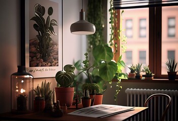 In a roomy, light filled apartment with plants, a box, and a gallery of posters, a Cooper lamp hangs above a table and some seats. Generative AI