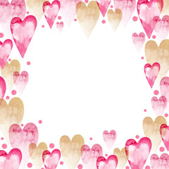 Square frame with watercolor pink and gold hearts for Valentine's Day with space for text.