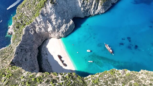 Aerial drone view of Navagio beach on Zakynthos island, Greece. Shipwreck on the beach in Zakynthos island, Greece. Shipwreck Beach or Agios Georgios. is exposed cove in the Ionian Islands of Greece.