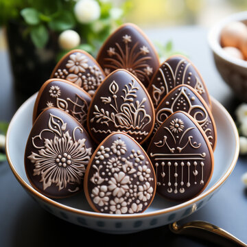 Gingerbread in the shape of an egg.  A chocolate egg. Chocolate eggs in a plate. Generated illustration of artificial intelligence.