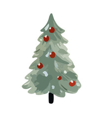 Vector illustration of decorated Christmas tree in snow on white background. Green fluffy xmas pine, isolated on white background. Cute Christmas tree in cartoon watercolor style.