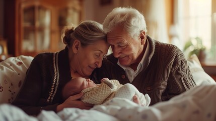 Portrait of happy grandparents with new born grandchild and space, Generative AI.