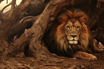 Magnificent lion relaxing in the shade of acacia tree on safari in african savanna
