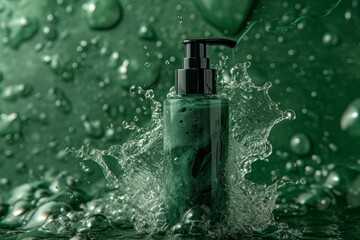 Dynamic Skincare Dispenser Amidst Splash on a Vivid Green Droplet Background