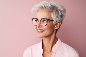 Portrait of happy senior woman in eyeglasses over pink background