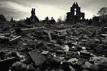 Black and white photo of war-torn street with rubble, debris everywhere. Ruins of city after bombing
