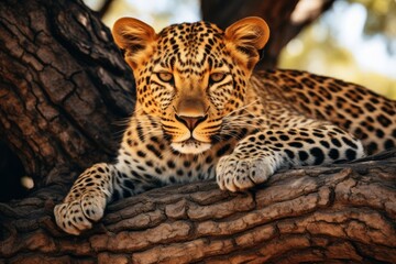 African leopard safari. Majestic feline explores savannah, gracefully ascends acacia trees