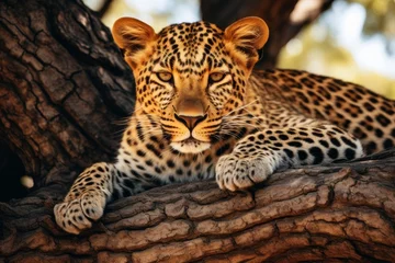 Deurstickers African leopard safari. Majestic feline explores savannah, gracefully ascends acacia trees © chelmicky