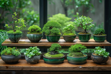 A Collection of Bonsai Plants on a Shelf
