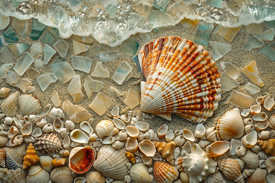 Sea background. Secret world beneath the waves, iridescent seashells and sands paint a marine mosaic.