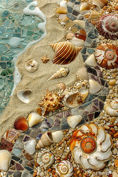 Sea background. Secret world beneath the waves, iridescent seashells and sands paint a marine mosaic.
