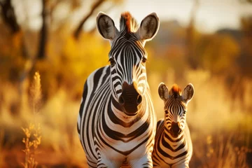 Poster Zebras family roaming in colorful safari landscape © chelmicky