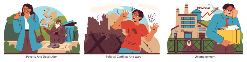 Social challenges set. Depictions of destitution, armed conflict, and job loss. Emotional and economic turmoil faced by individuals. Flat vector illustration.