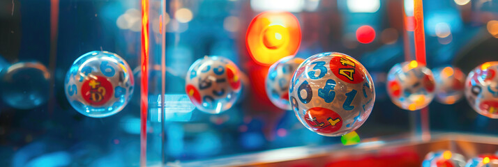 Lottery drawing: A close-up of lottery balls tumbling in a transparent machine, suspense and unpredictability of the draw. - obrazy, fototapety, plakaty