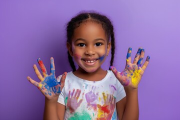 African American little girl stained in multicolored paints having fun smiling on a purple...