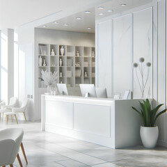 white reception desk in a clinic with light colorful walls soft light for healthcare medical card design.
