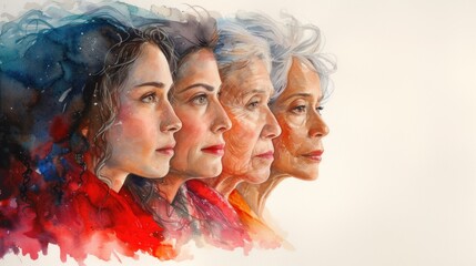 Watercolor illustration depicting the aging process of a woman with a colorful transition from youth to old age in profile - obrazy, fototapety, plakaty