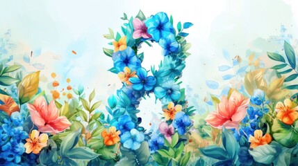 Fototapeta na wymiar Watercolor painting of the number eight, beautifully crafted with an array of blue and pink tropical flowers and lush greenery. Women's Day greeting card