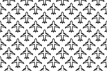 Seamless pattern completely filled with outlines of airplane symbols. Elements are evenly spaced. Vector illustration on white background