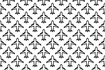 Seamless pattern completely filled with outlines of airplane symbols. Elements are evenly spaced. Vector illustration on white background