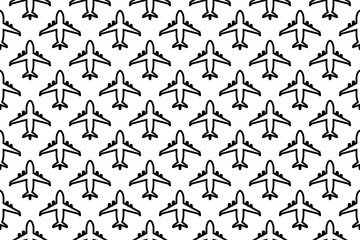 Seamless pattern completely filled with outlines of airplane symbols. Elements are evenly spaced. Illustration on transparent background