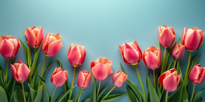 Bunch of pink tender tulip flowers on plain background
