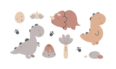 Set with cute dinosaurs. For for kids design, fabric, wrapping, cards, textile, wallpaper, apparel. Isolated vector cartoon illustration in flat style on white background.