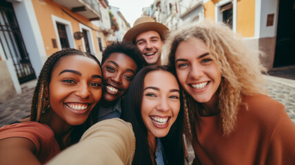 Multicultural group of friends taking selfie picture outside