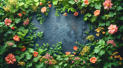 Frame of greenery and flowers on a textured black background, copy space.