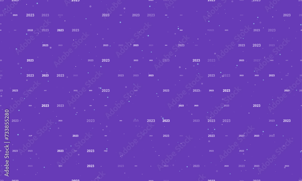Poster seamless background pattern of evenly spaced white 2023 year symbols of different sizes and opacity.