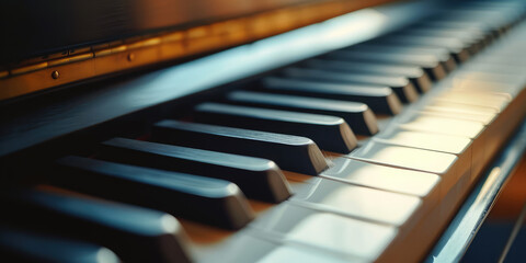 Close-up of Piano Keys. Sunlight on piano keys in a close-up view. Nobody, wallpaper for music background.