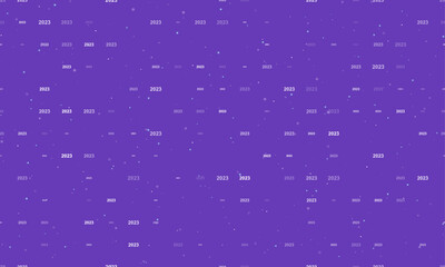 Seamless background pattern of evenly spaced white 2023 year symbols of different sizes and opacity. Vector illustration on deep purple background with stars