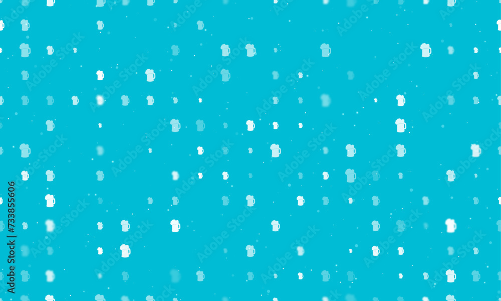 Poster seamless background pattern of evenly spaced white mug beer symbols of different sizes and opacity. 