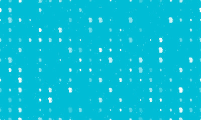 Seamless background pattern of evenly spaced white mug beer symbols of different sizes and opacity. Vector illustration on cyan background with stars