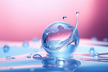 Large drop of liquid water, oil, rain on gradient blue and pink background. Water drop falling on water surface closeup. Toner, emulsion or lotion. Hyaluronic serum. Cosmetic moisturizing concept - obrazy, fototapety, plakaty