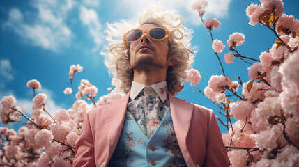 Fashion extravagant modern man with attitude pink outfit with flowers spring summer season model