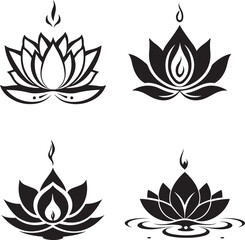 diwali diya with lotus flower icon vector set