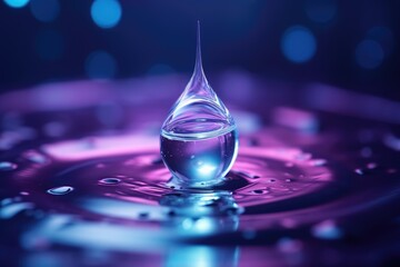 Large drop of liquid water, oil, rain on gradient blue and purple background. Water drop falling on water surface closeup. Toner, emulsion or lotion. Hyaluronic serum. Cosmetic moisturizing concept - obrazy, fototapety, plakaty