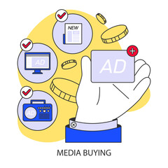 Media buying process concept. Hand selecting the best advertising spaces across various platforms. Strategic placement for optimal ad visibility. Flat vector illustration.