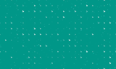Seamless background pattern of evenly spaced white bird symbols of different sizes and opacity. Vector illustration on teal background with stars