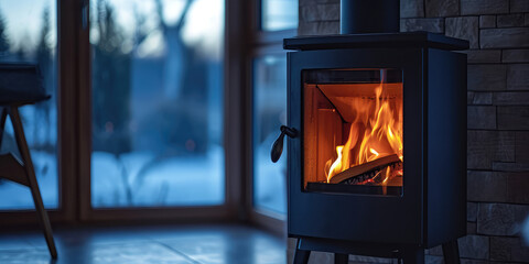 Cozy Indoor Bioethanol Fireplace. Modern bioethanol fireplace in a minimalist room at dusk.
