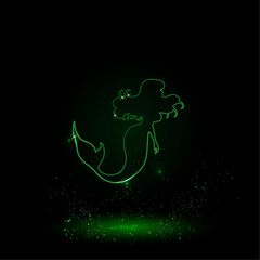 A large green outline mermaid symbol on the center. Green Neon style. Neon color with shiny stars. Vector illustration on black background