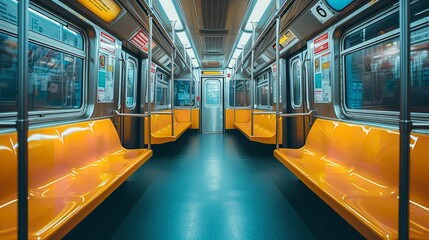 Standpoint from within a plain, hued subway car with seats and big copy space, Generative AI.