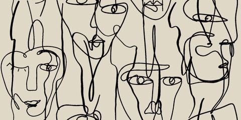 Seamless pattern line drawing of women with different faces
