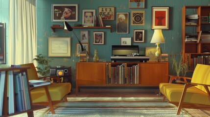 Retro Furnished Living Room with Vinyl Record Collection AI Generated.