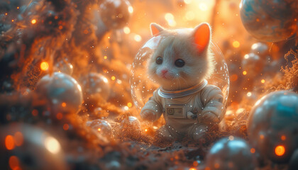 cute kitten cat on the moon with an astronaut costume - obrazy, fototapety, plakaty