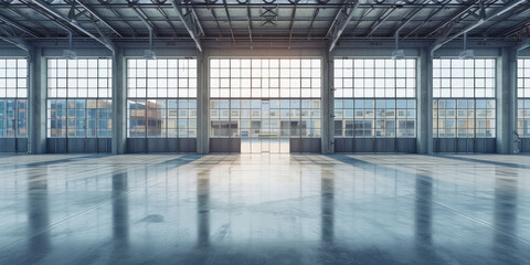 Modern Glass Building Interior of storage warehouse. A spacious empty place interior with...