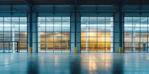 Modern Glass Building Interior of storage warehouse. A spacious empty place interior with glass-paneled facade.